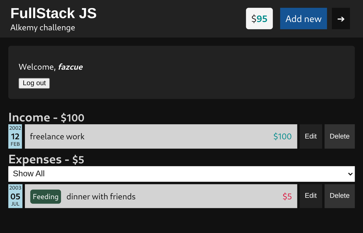 Alkemy Challenge - Budget managment app - logged in image